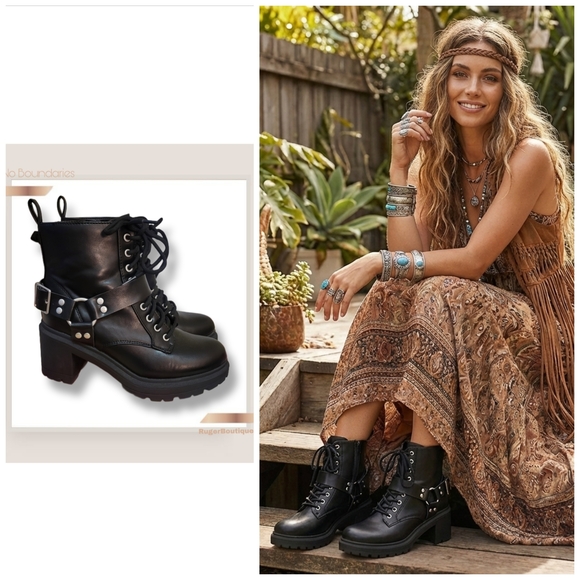 No Boundaries Shoes - 🌿No Boundaries Size 7 Wide Black Faux Leather Moto Boots Chunky Block Heels